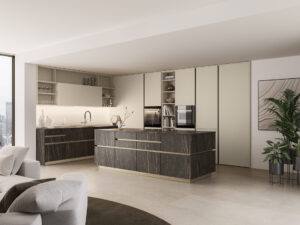 Cuisine moderne avec îlot en céramique grise et noire, modèle Iconica de Veneta Cucine 